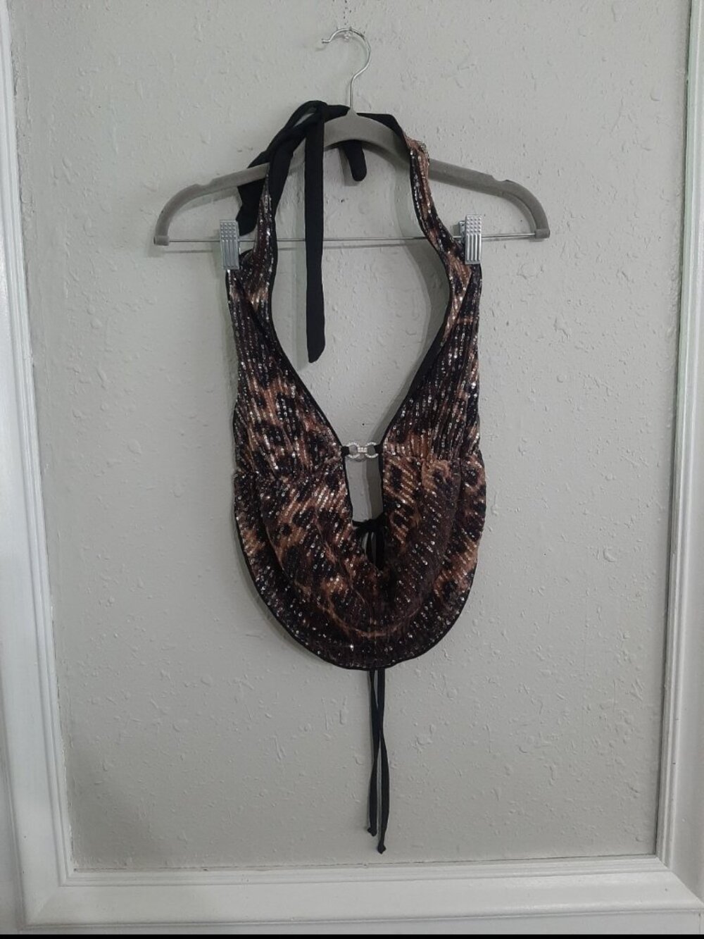 Vintage y2k mcbling leopard sequin club party halter tank top med 2000s